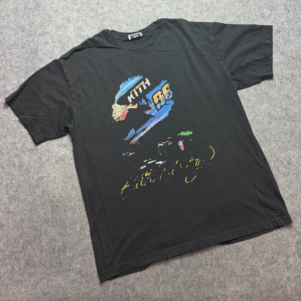 KITH Shirt Mens XL Black Distress Athletic Racing Graphic Streetwear Tee Casual